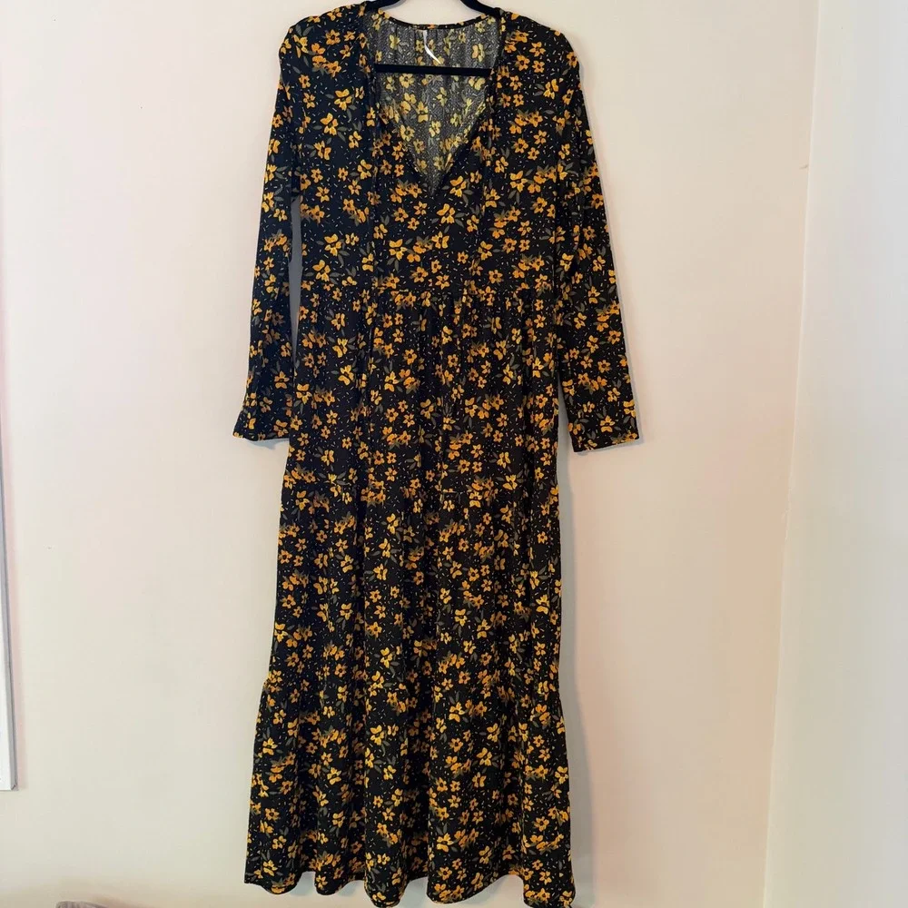 Free People Boho Floral Tiered Maxi Dress Black Yellow Womens Large
